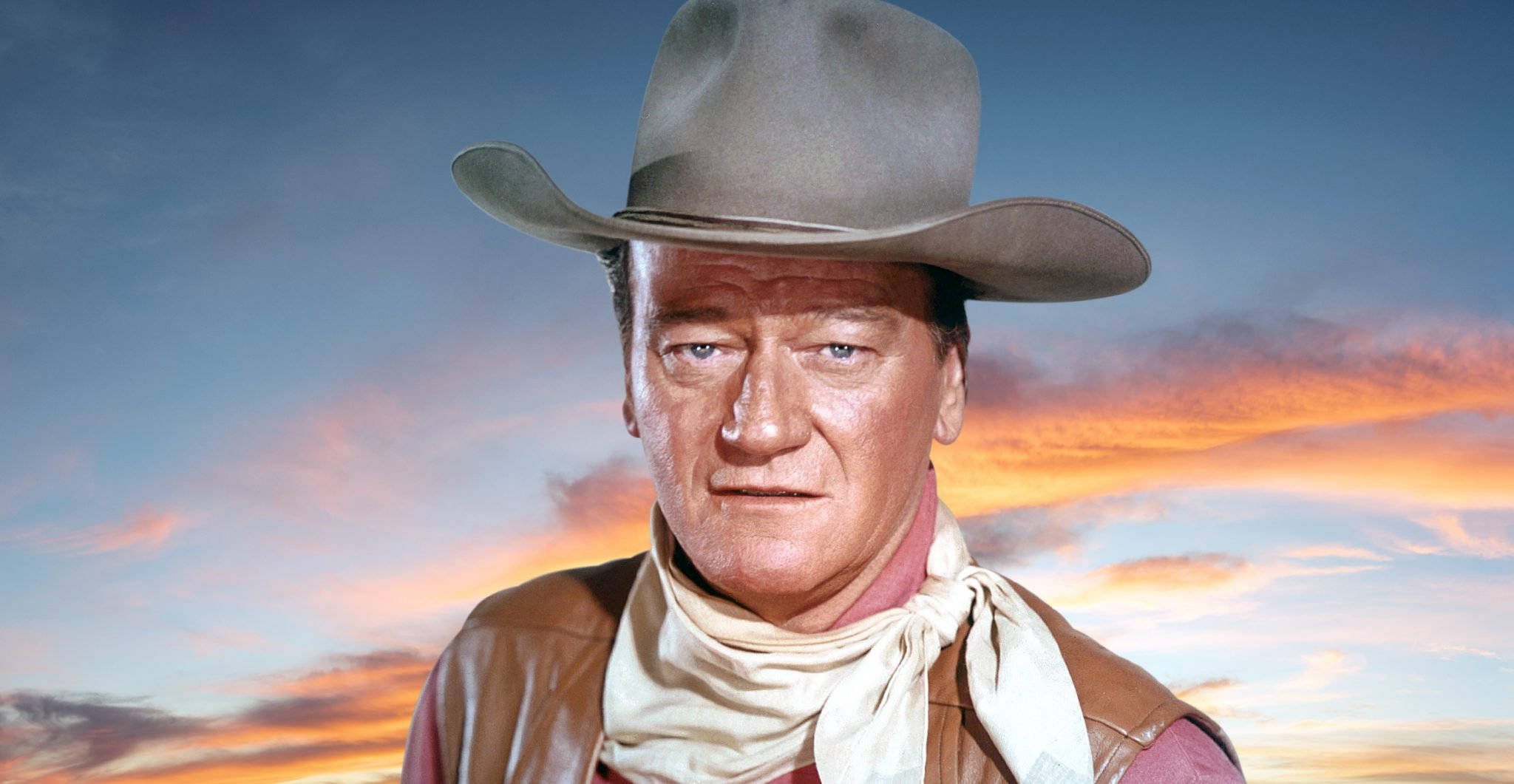 John Wayne, brown leather vest, tan hat, Full HD Desktop Wallpaper