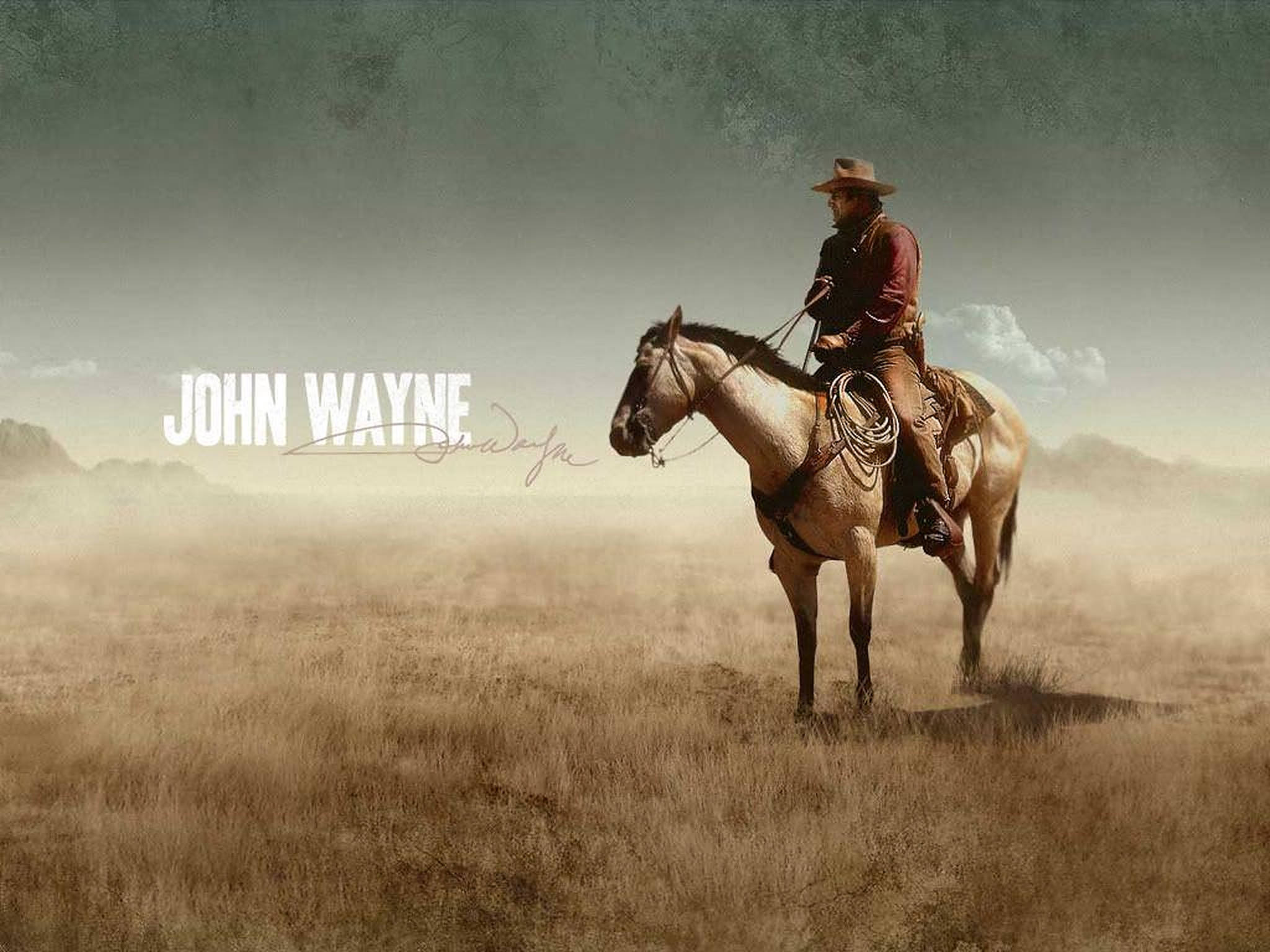 John Wayne, buckskin horse, dusty western field, Full HD Desktop Wallpaper