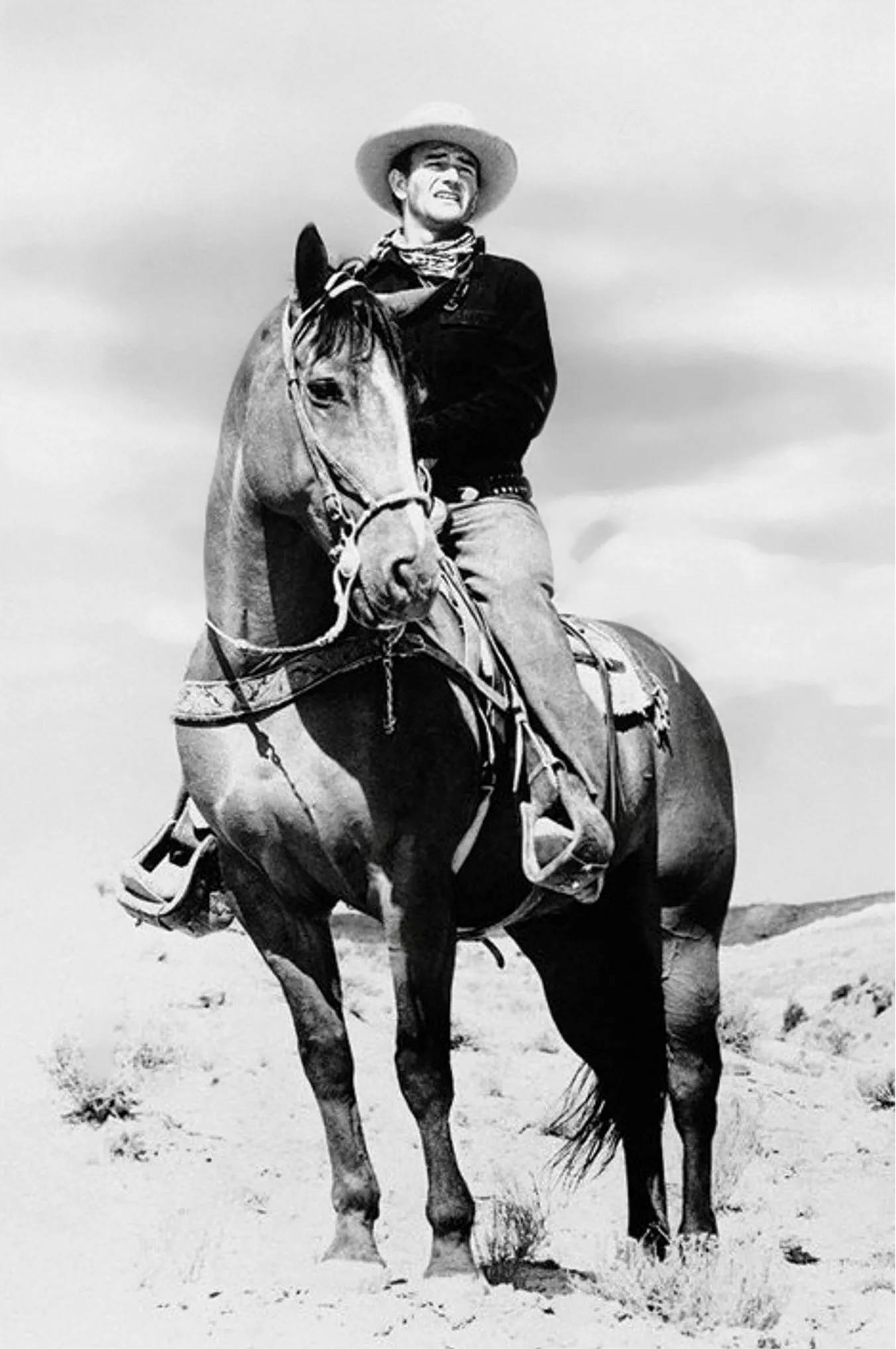 John Wayne, wide-brimmed hat, saddled horse, Full HD Phone Wallpaper