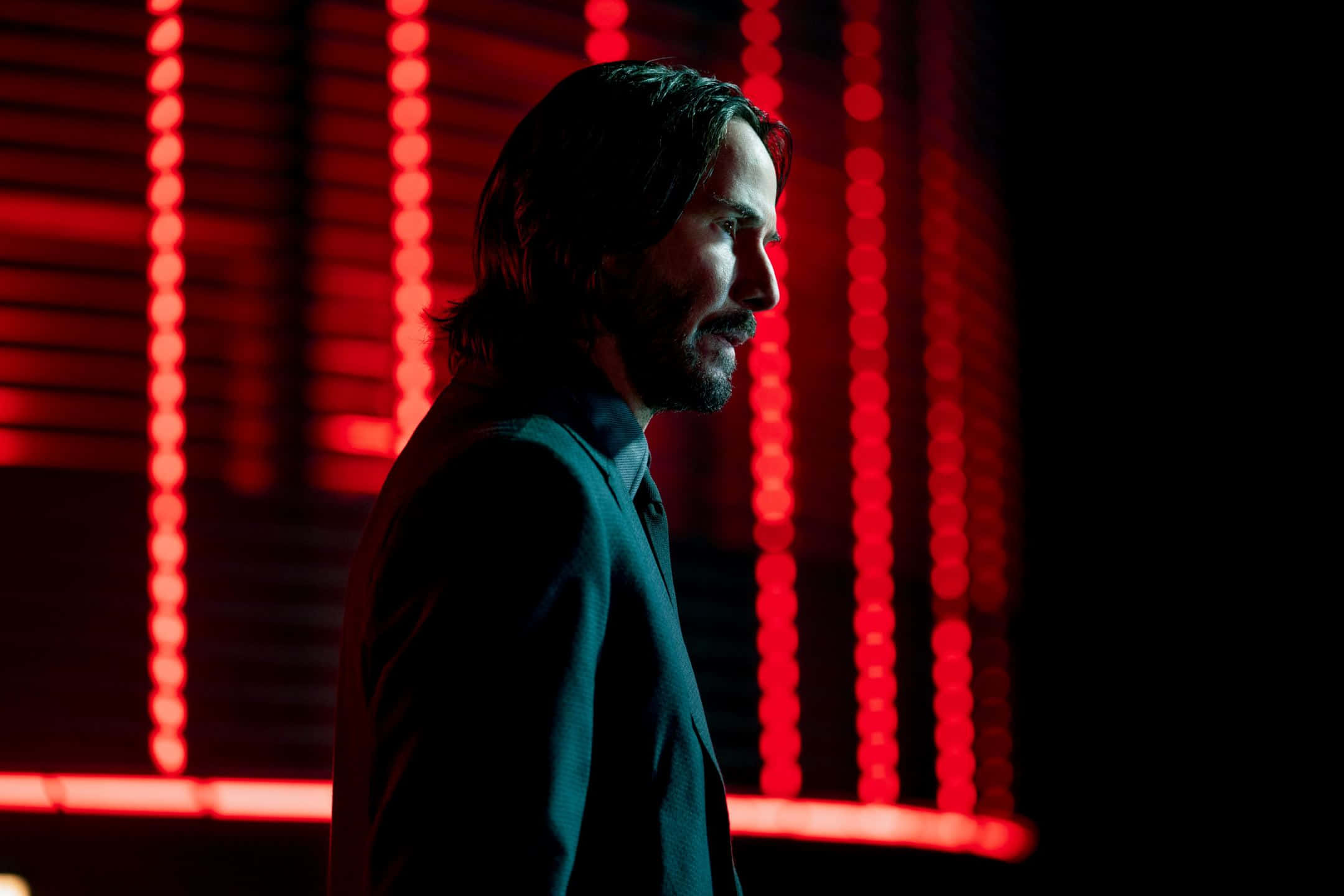 John Wick 4, dark suit, glowing red vertical neon lights, Full HD Desktop Wallpaper