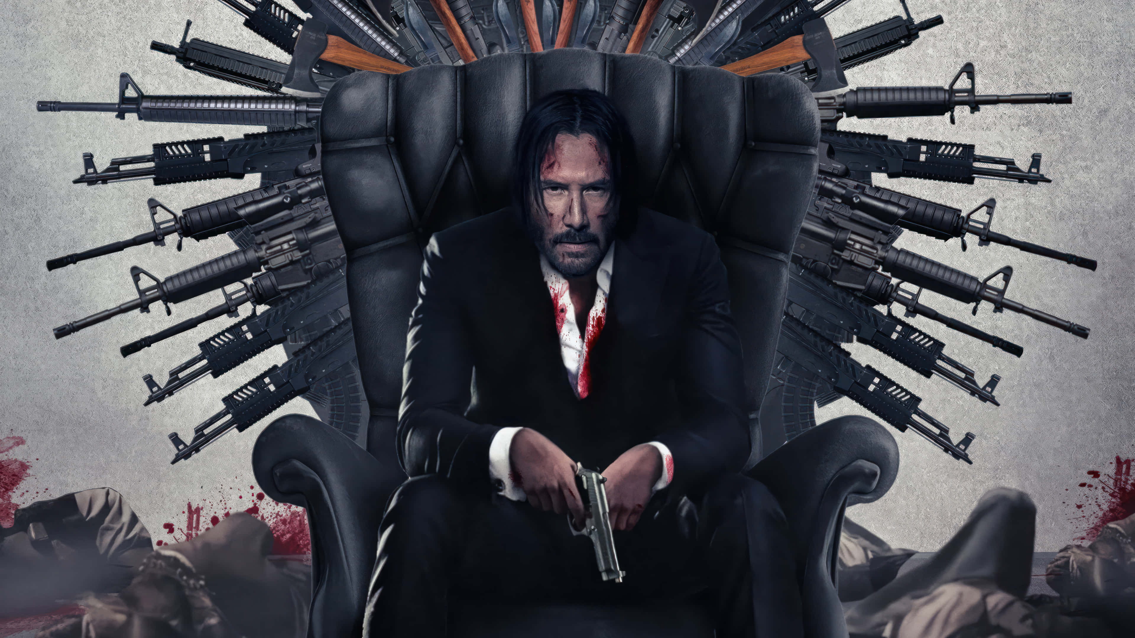 John Wick 4, bloodstained suit, black leather chair, 4K Desktop Wallpaper