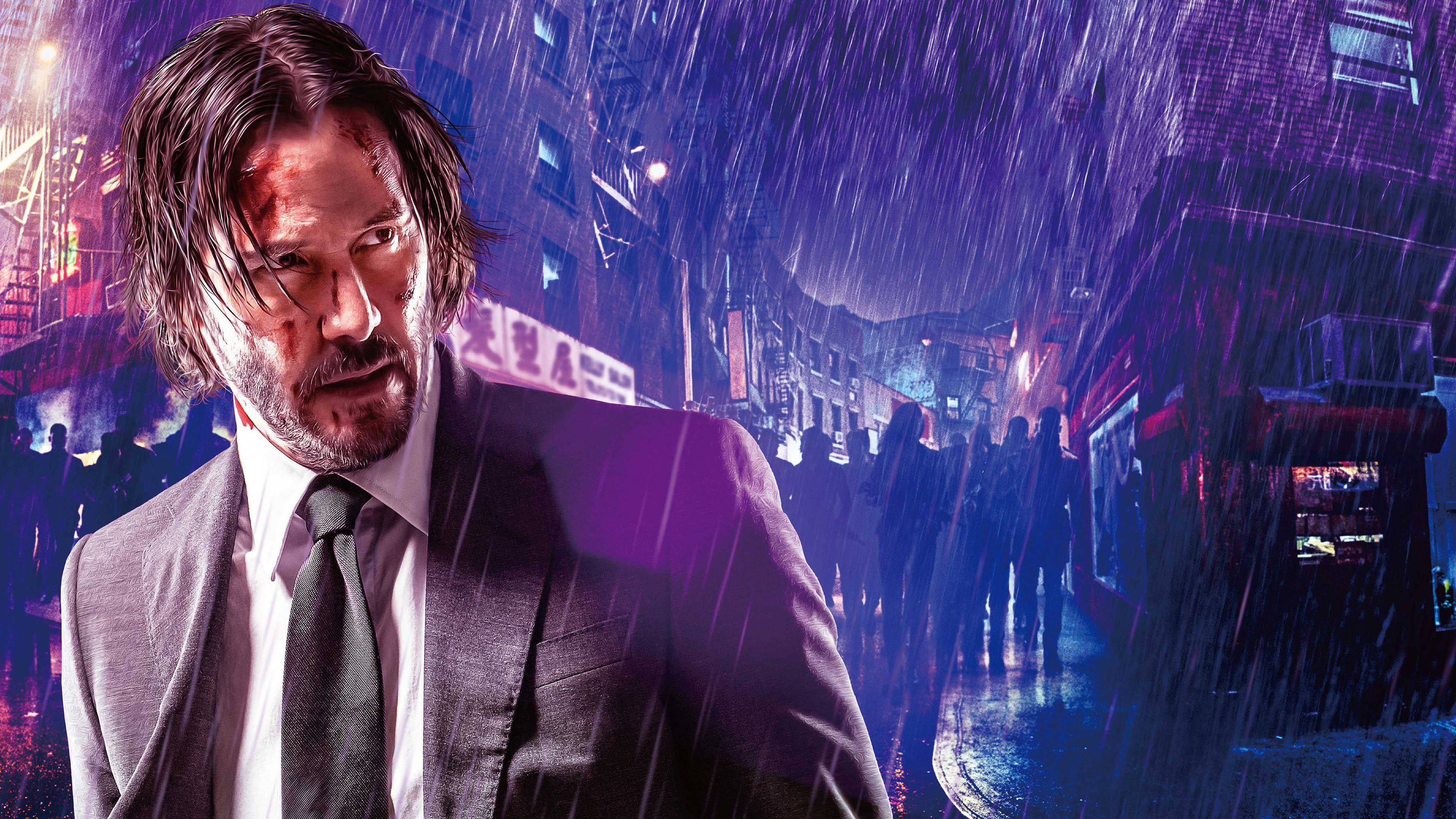 John Wick, neon-lit urban street, pouring rain, 4K Desktop Wallpaper