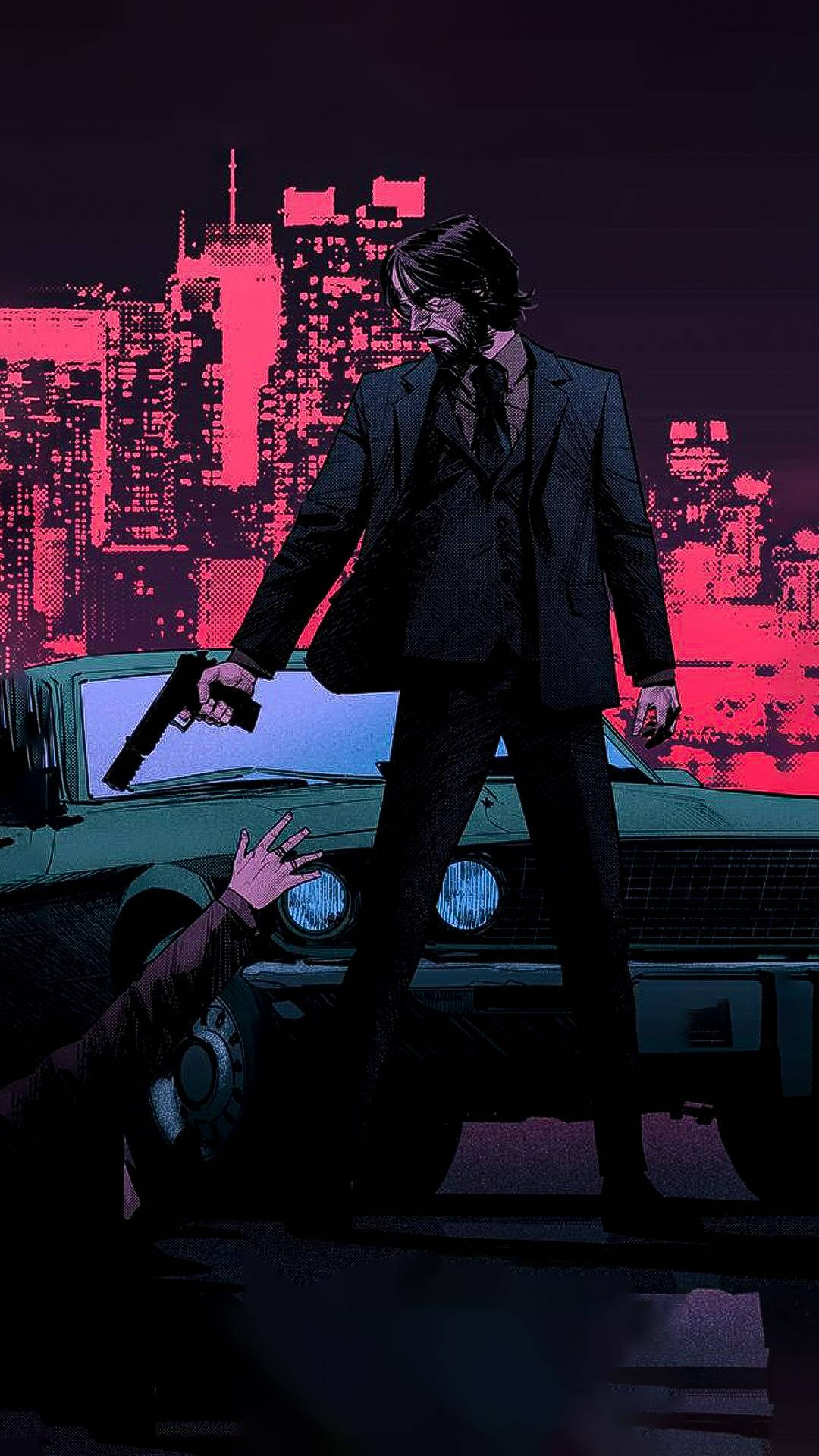 John Wick, neon pink cityscape, dark-suited man, Full HD Phone Wallpaper