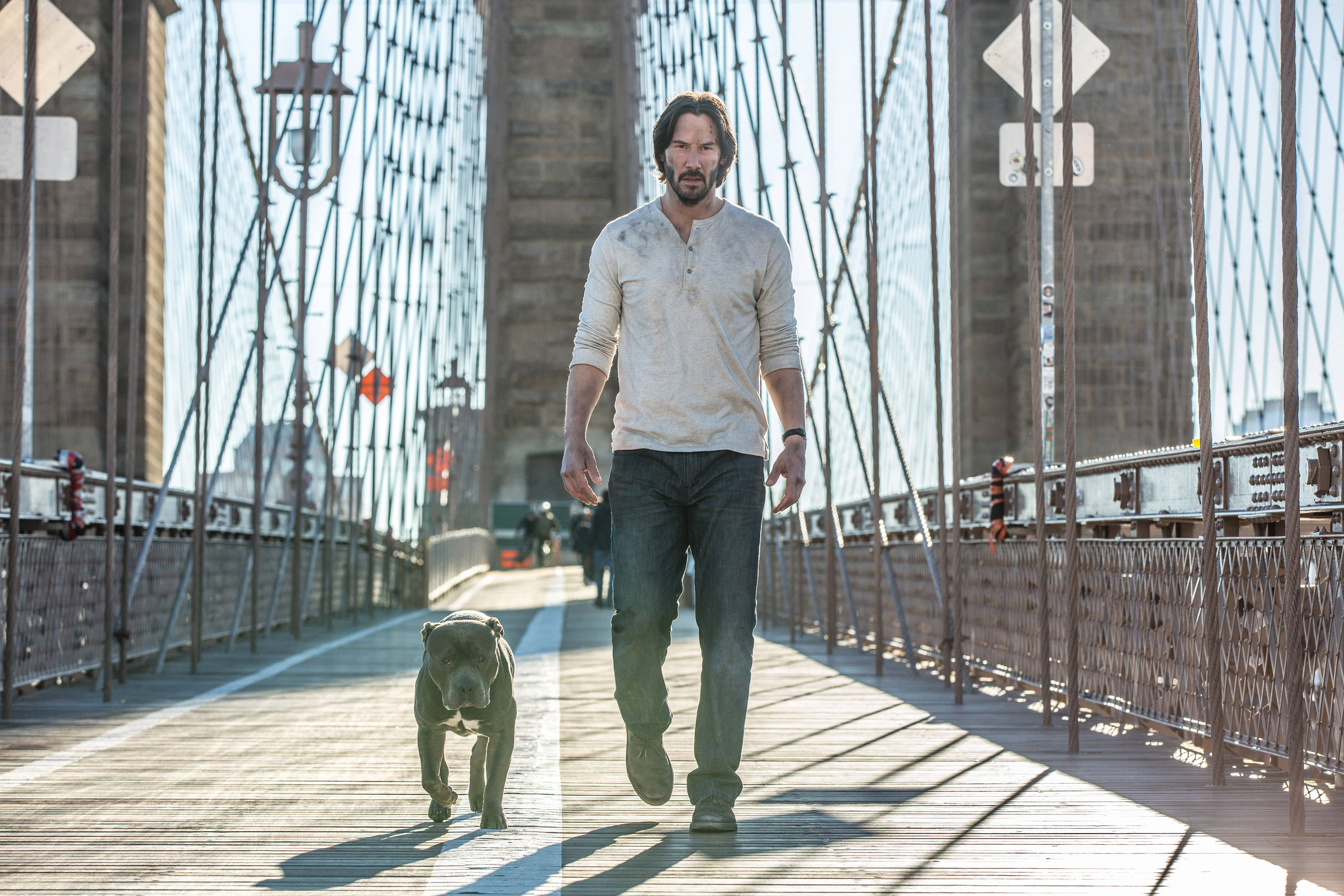 John Wick, pit bull, sunlit suspension bridge, 2K Desktop Wallpaper