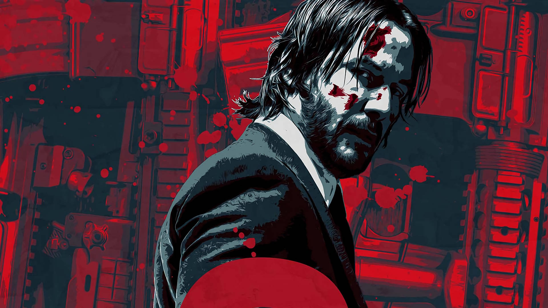 John Wick, red splattered firearms, bloodied face, Full HD Desktop Wallpaper