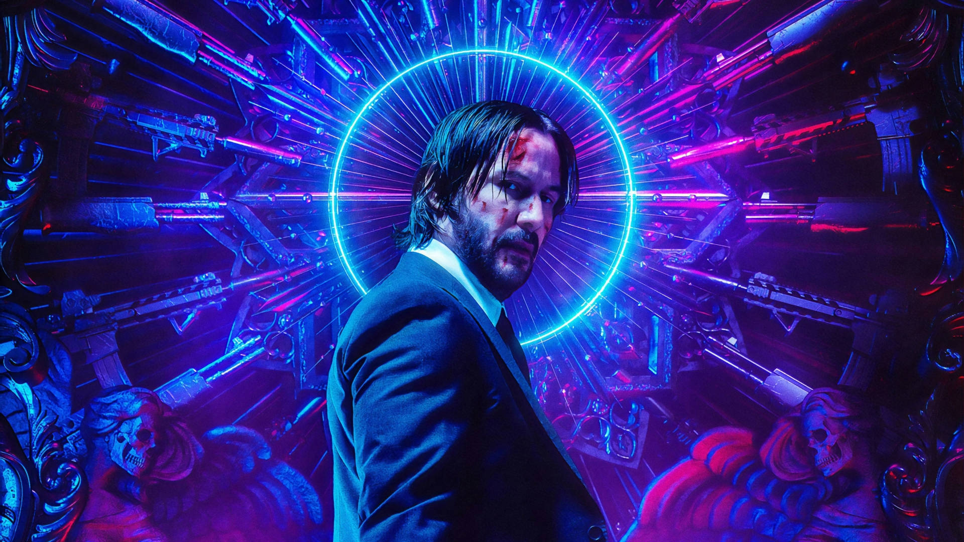John Wick, neon-lit guns, skulls, Full HD Desktop Wallpaper