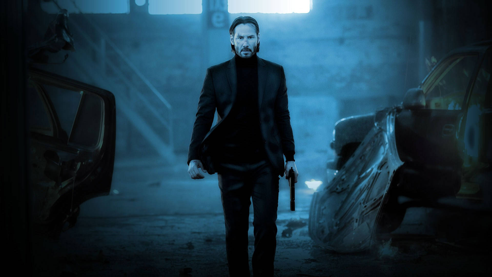 John Wick, black suit, blue-lit garage, Full HD Desktop Wallpaper