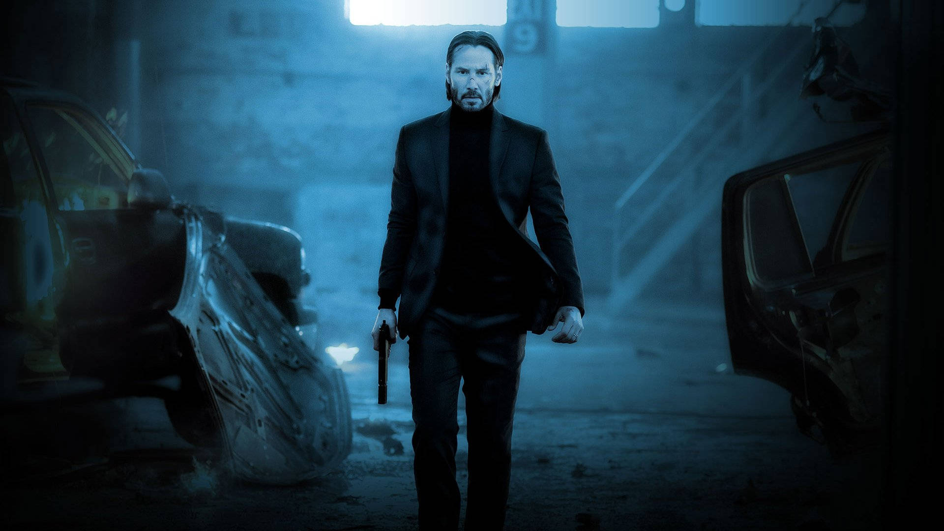 John Wick, blue-lit garage, black suit, Full HD Desktop Wallpaper