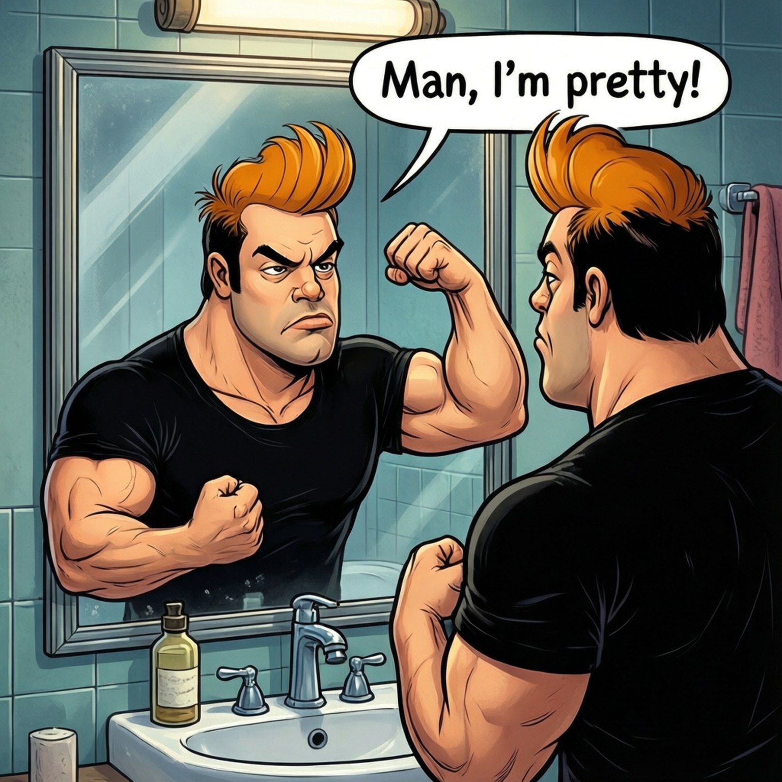 Johnny Bravo, bathroom mirror, flexes his muscles, HD Desktop Wallpaper