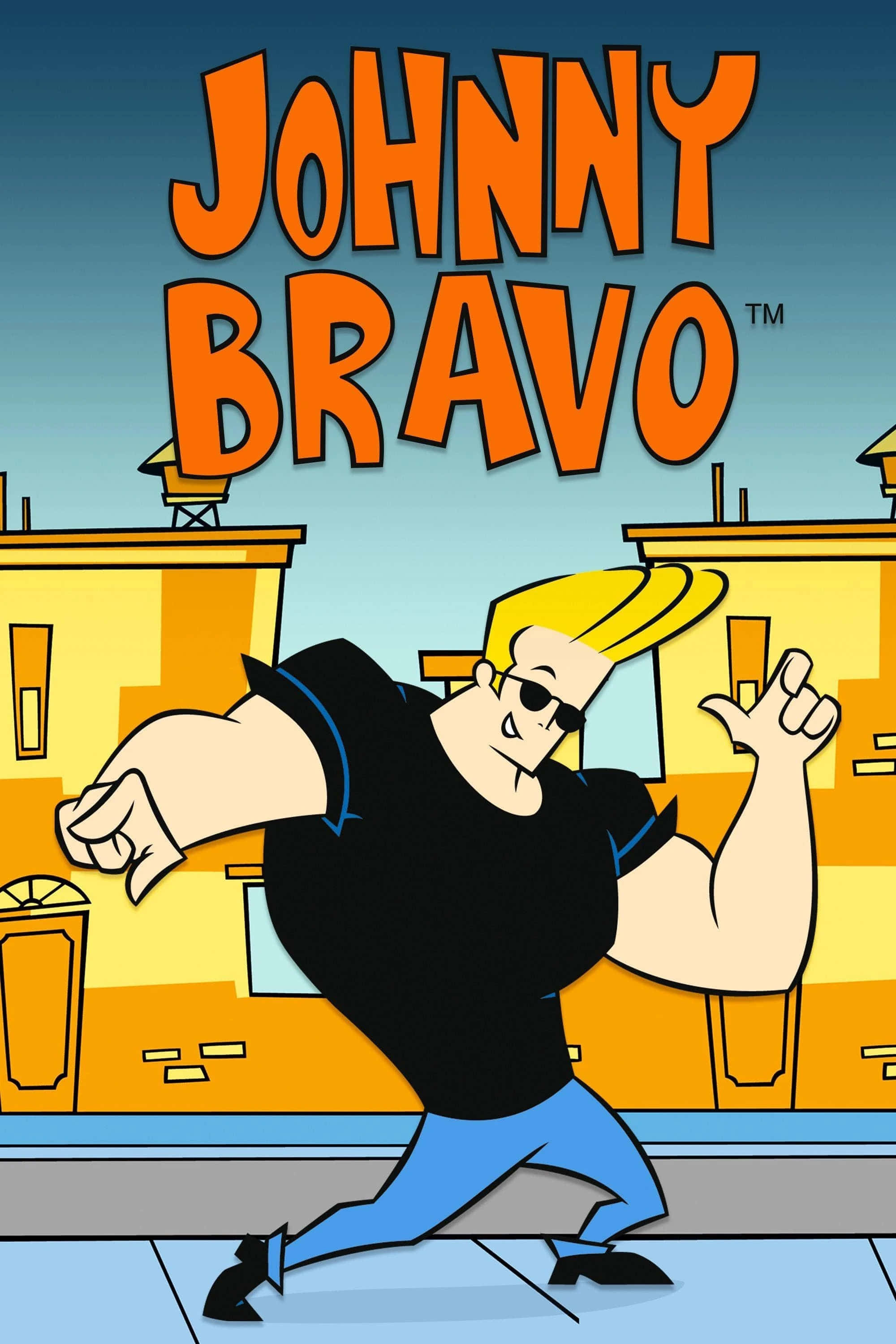 Johnny Bravo, stylized buildings, gradient sky, 2K Phone Wallpaper