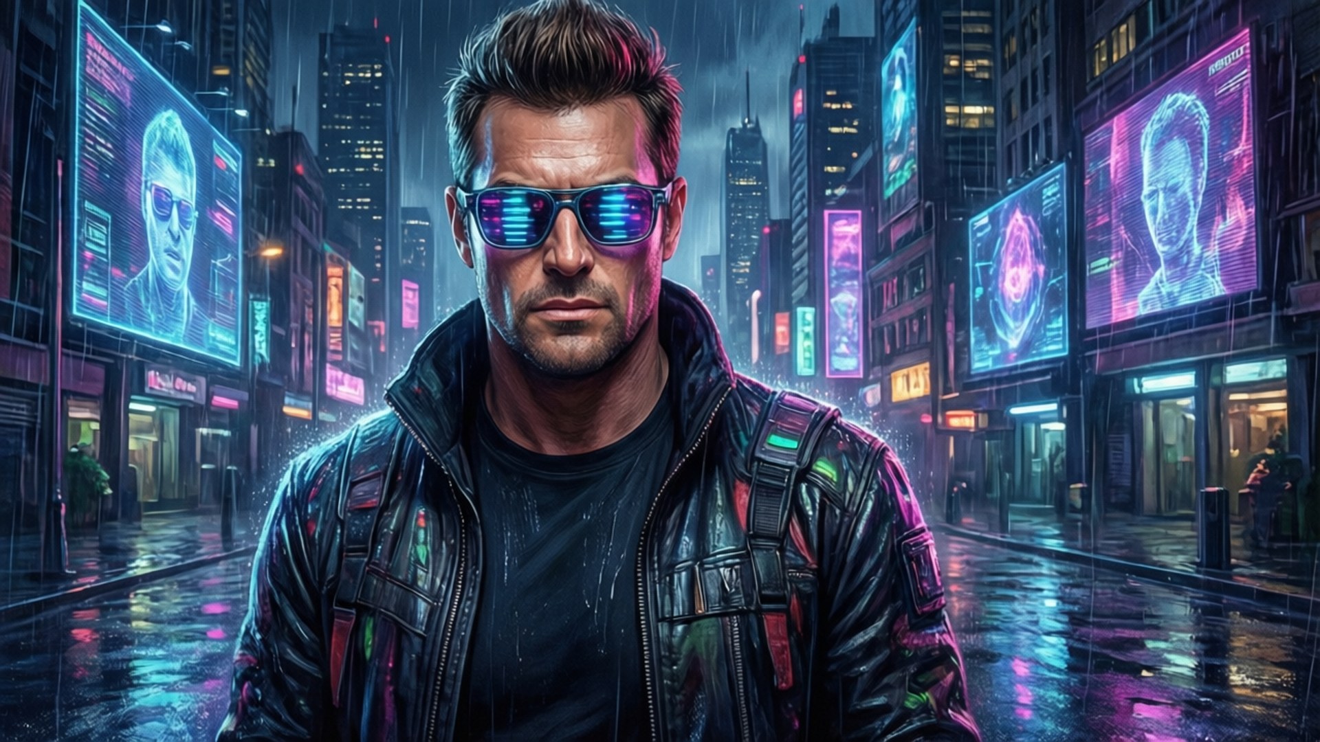 Johnny Bravo, cyberpunk, neon-lit rain-soaked cityscape, Full HD Desktop Wallpaper
