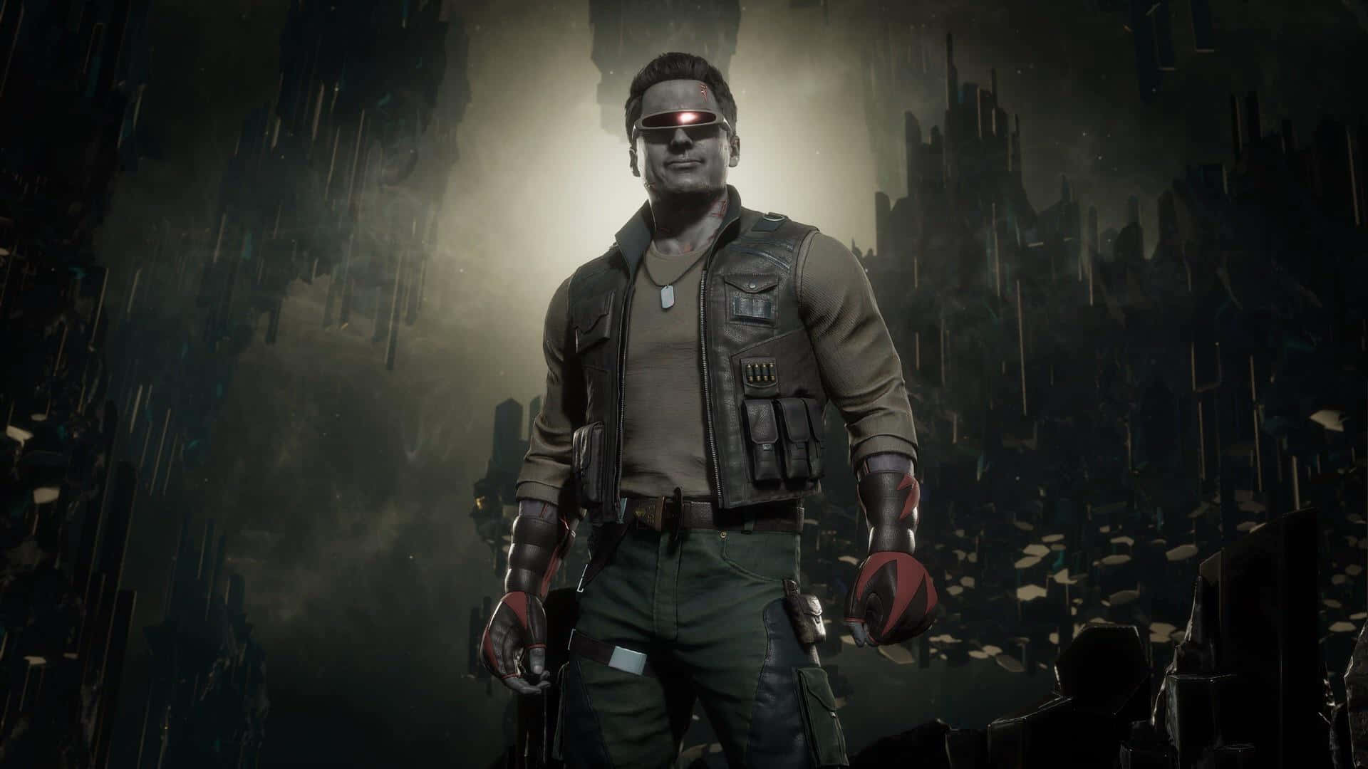 Johnny Cage, glowing red eyes, rain-soaked futuristic cityscape, Full HD Desktop Wallpaper