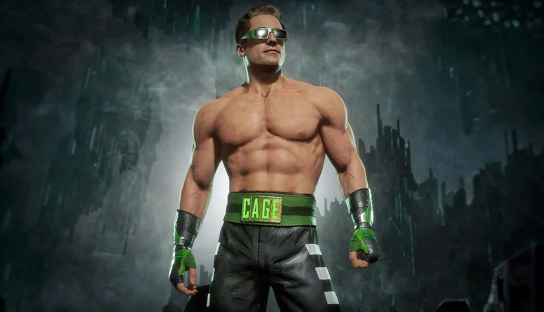 Johnny Cage, green and black gear, dark futuristic cityscape, HD Desktop Wallpaper