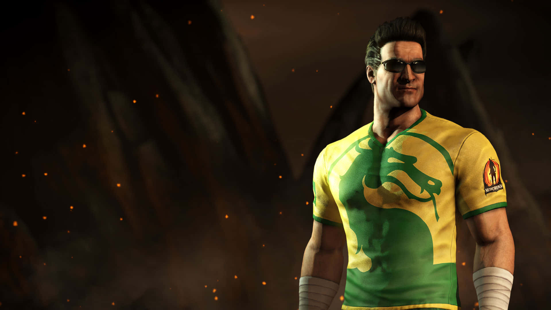 Johnny Cage, yellow and green dragon-print shirt, smoky fiery backdrop, Full HD Desktop Wallpaper