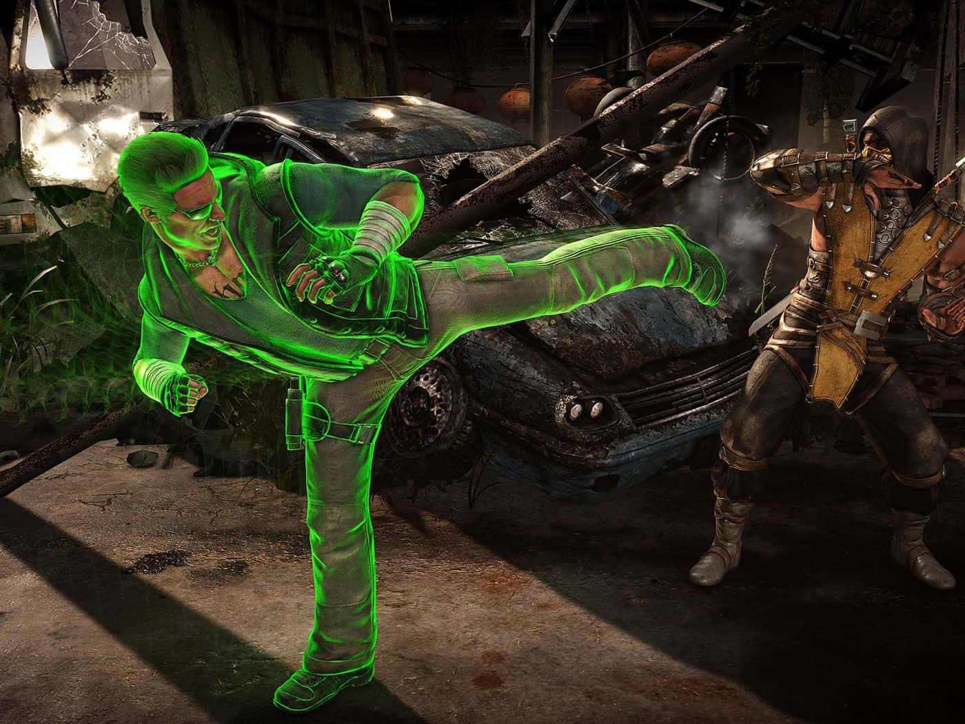 Johnny Cage, glowing green fighter, junkyard, HD Desktop Wallpaper