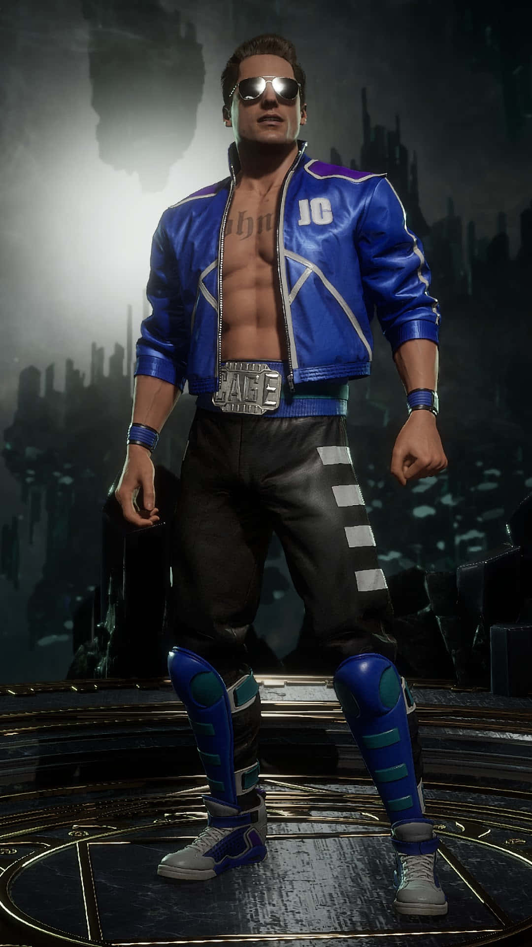 Johnny Cage, blue leather jacket, sunglasses, Full HD Phone Wallpaper