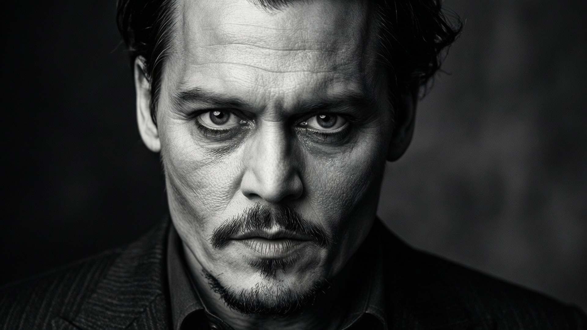 Johnny Depp, intense eyes, black and white, Full HD Desktop Wallpaper