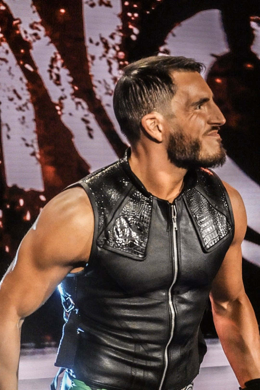 Johnny Gargano, black leather vest, bright stage lights, HD Phone Wallpaper