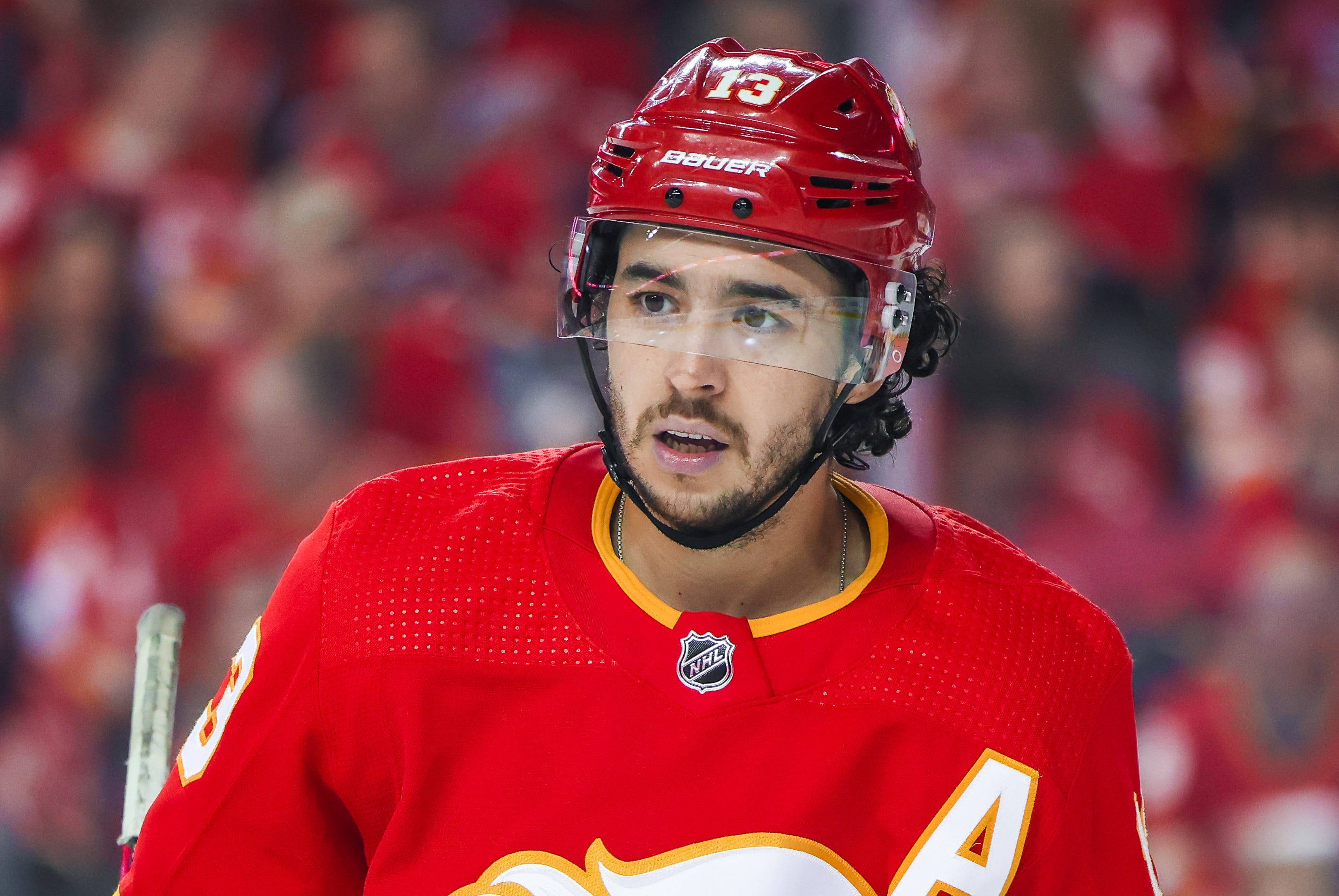 Johnny Gaudreau, red jersey, helmet, 2K Desktop Wallpaper