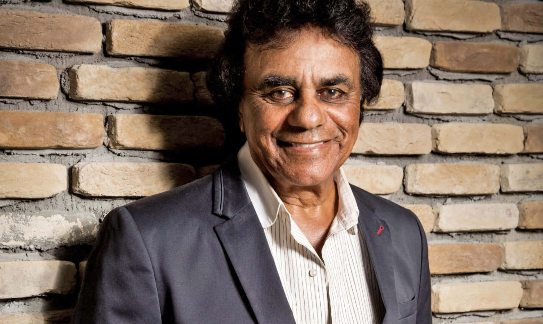 Johnny Mathis, brick wall, dark suit, Full HD Desktop Wallpaper
