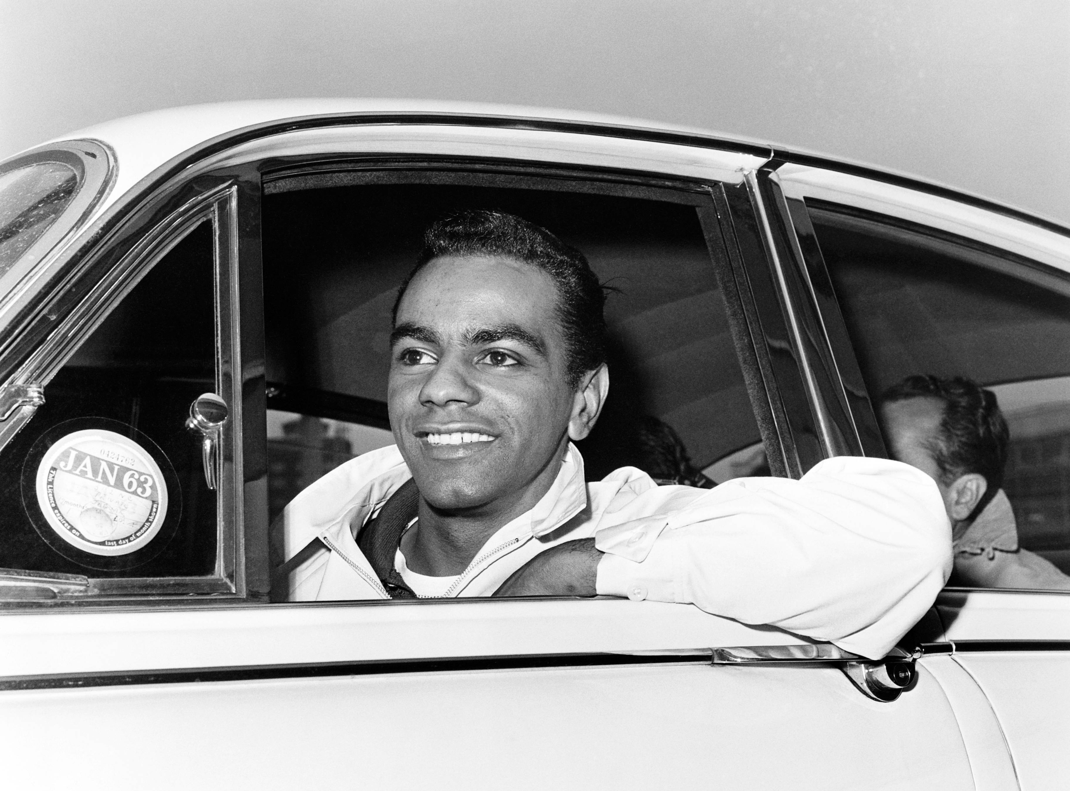 Johnny Mathis, vintage car, black and white photo, 2K Desktop Wallpaper