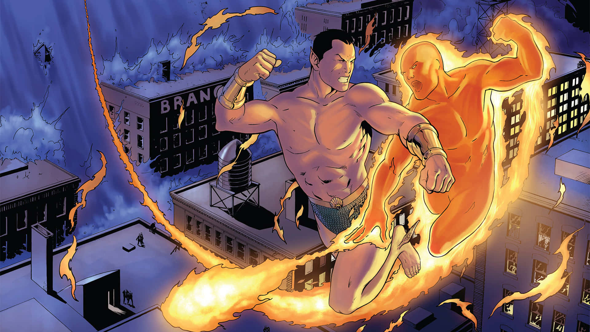 Johnny Storm, flaming humanoid figure, cityscape, Full HD Desktop Wallpaper