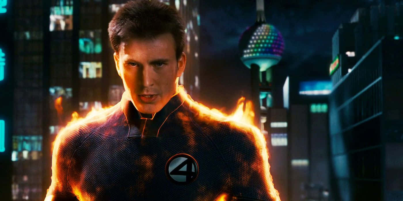 Johnny Storm, flame, neon-lit futuristic city, HD Desktop Wallpaper