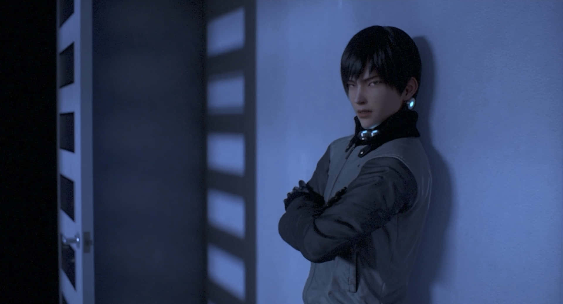 Joichiro Nishi, dim blue-lit room, gray jacket, Full HD Desktop Wallpaper