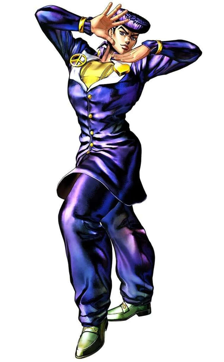Jojo Pose, shiny purple suit, stylized anime character, SD Phone Wallpaper