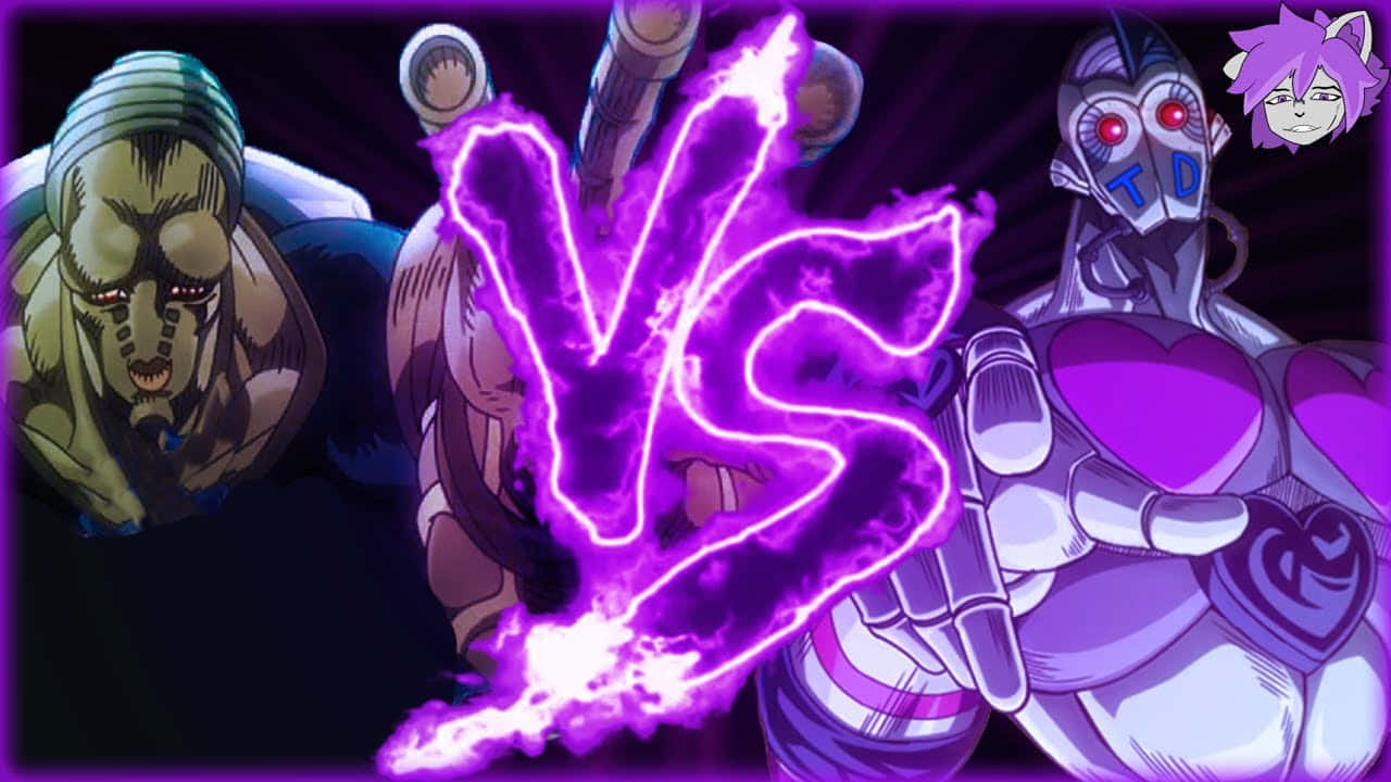 Jojo's Bizarre Adventure Atum, glowing purple VS symbol, dark background, HD Desktop Wallpaper