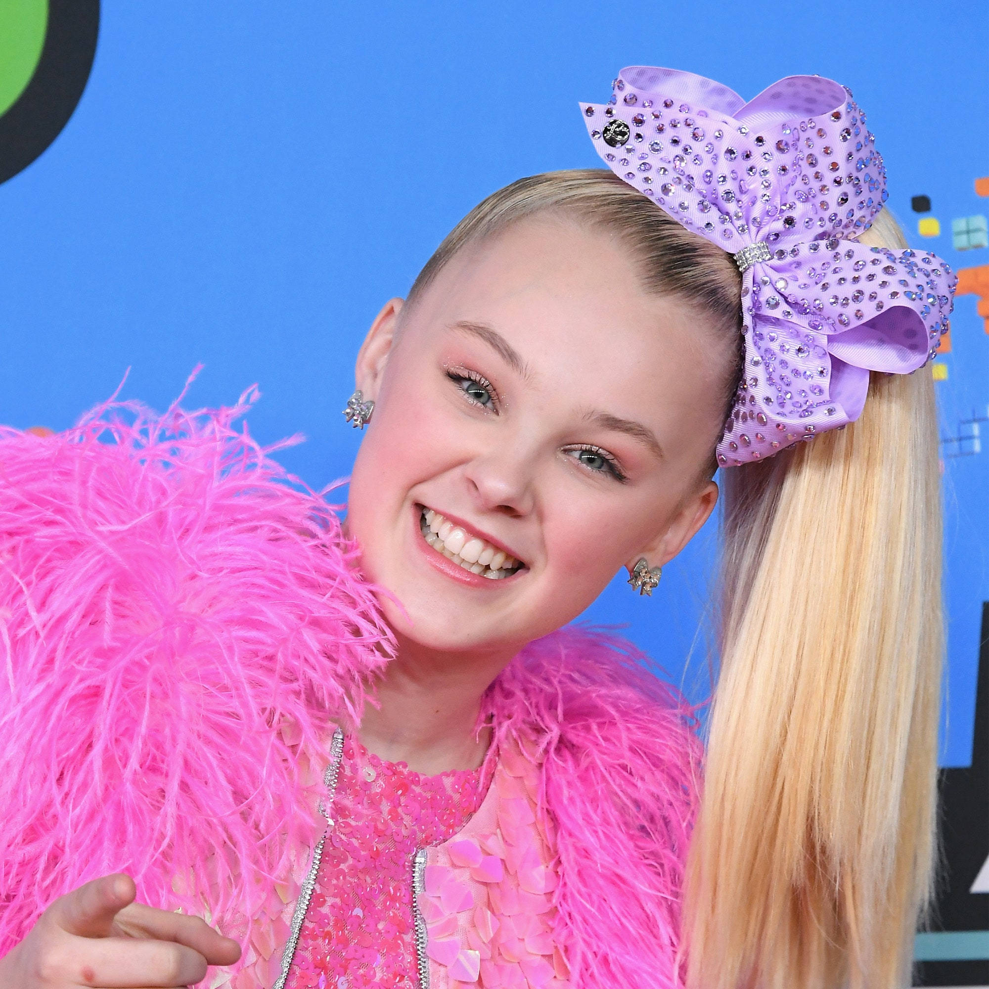 Jojo Siwa, blonde hair, giant purple jeweled bow, Full HD Desktop Wallpaper