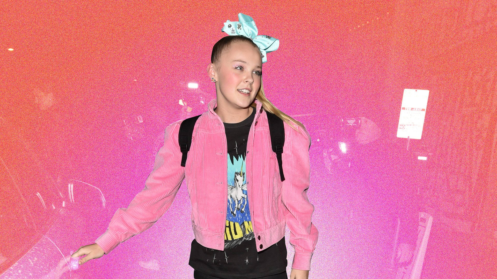 Jojo Siwa, pink cardigan, large blue bow, Full HD Desktop Wallpaper