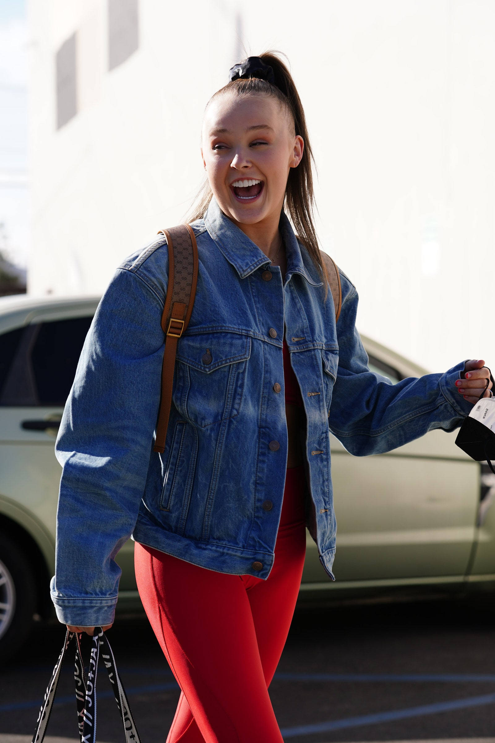 Jojo Siwa, denim jacket, red pants, Full HD Phone Wallpaper