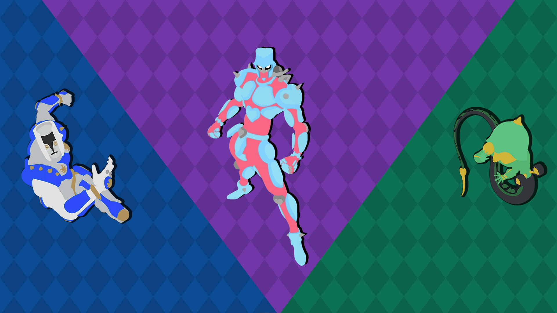 Jojo Stands, anime characters, tri-color diamond patterned background, Full HD Desktop Wallpaper