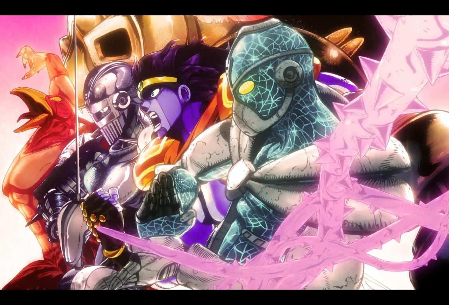 Jojo Stands, glowing pink energy, cracked armor, HD Desktop Wallpaper