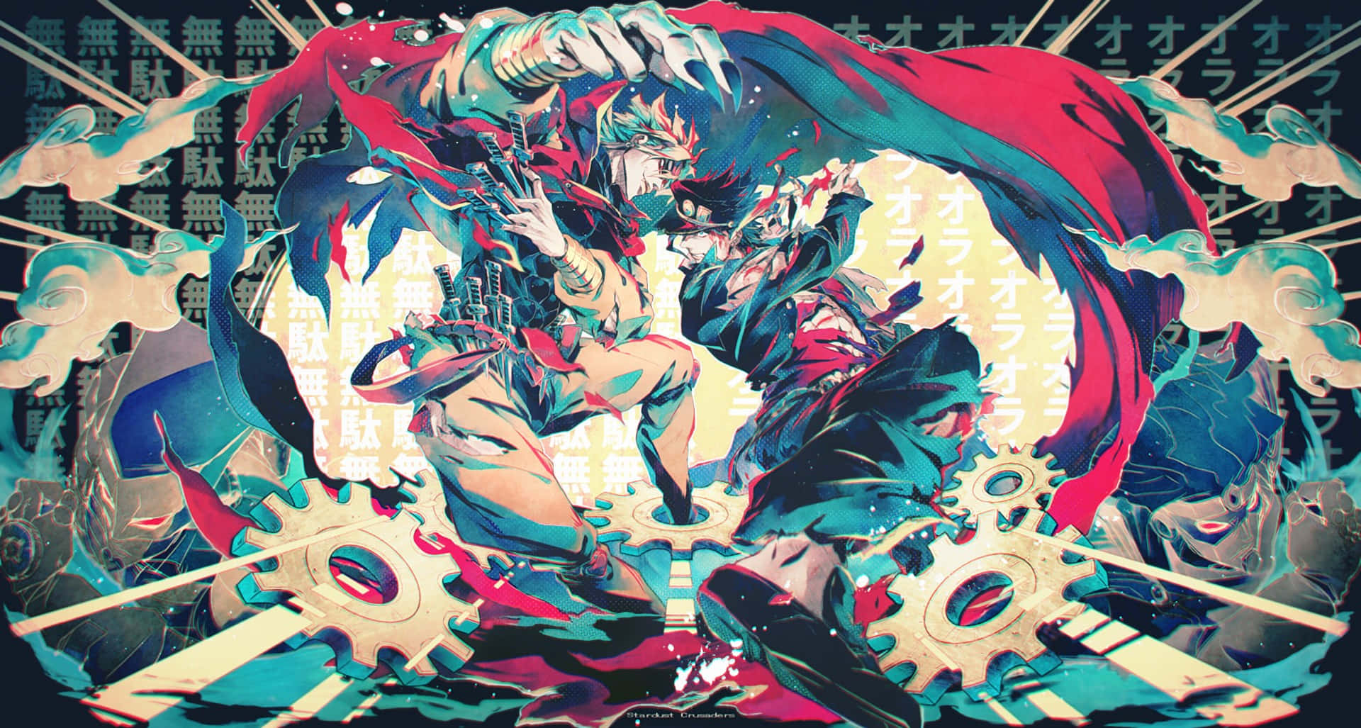 Jojo Stands, anime warriors, floating gears, Full HD Desktop Wallpaper