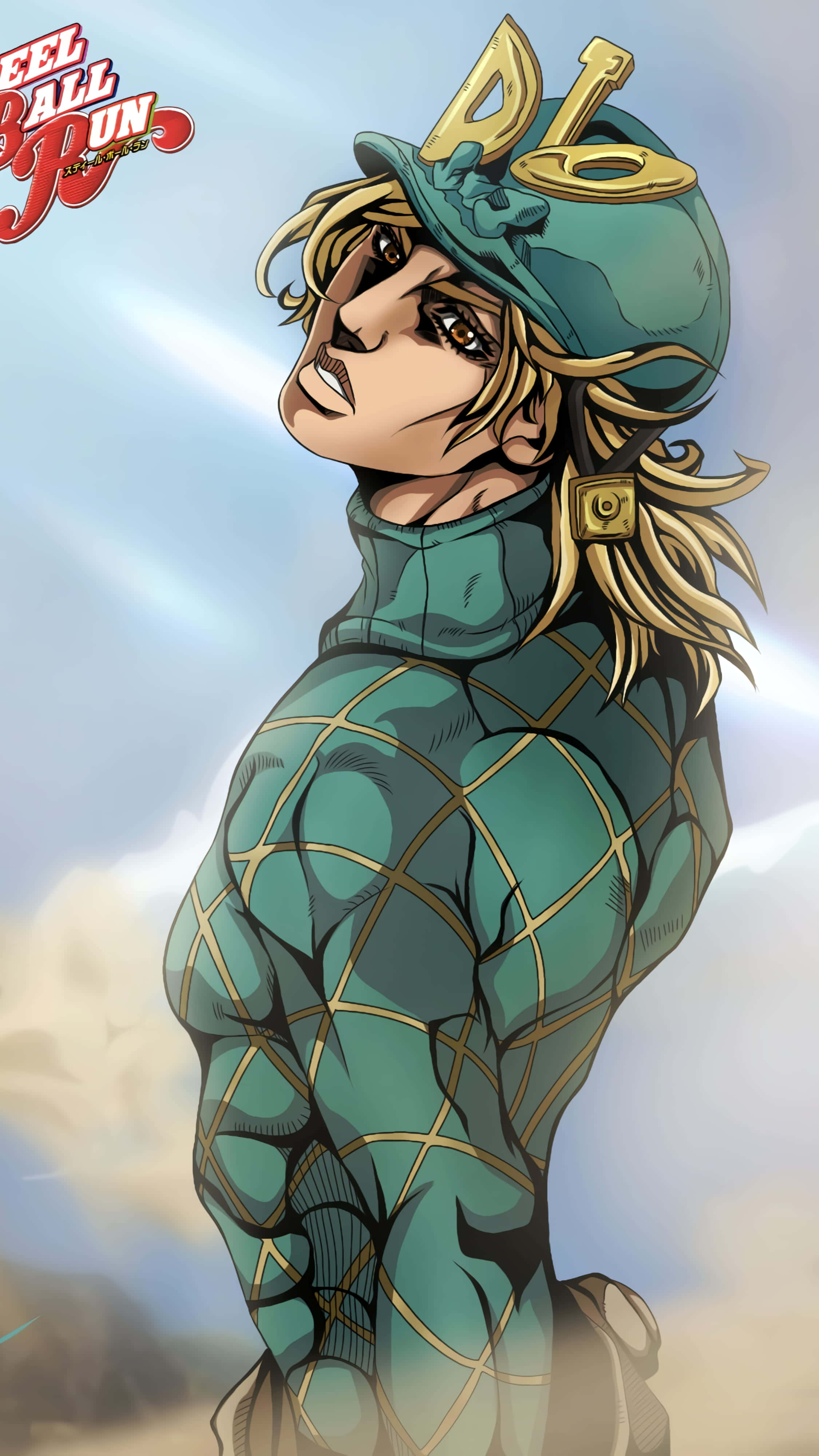 Jojo Steel Ball Run, blonde hair, green diamond-patterned outfit, 4K Phone Wallpaper