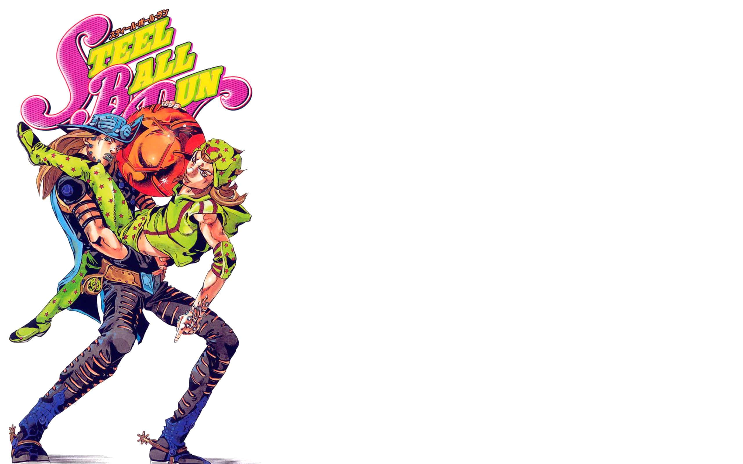 Jojo Steel Ball Run, vibrant green outfits, bold pink and yellow text, 2K Desktop Wallpaper