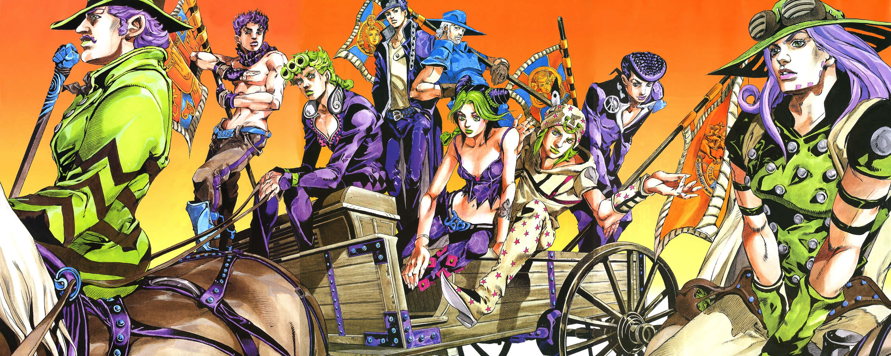 Jojo Steel Ball Run, green and purple outfits, wooden wagon, 2K Desktop Wallpaper