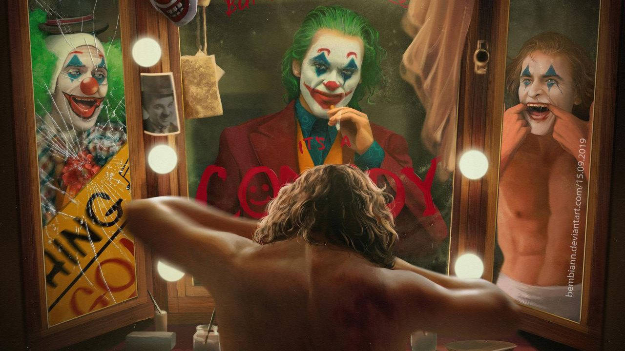 Joker 2019, cracked mirror, clown reflection, HD Desktop Wallpaper