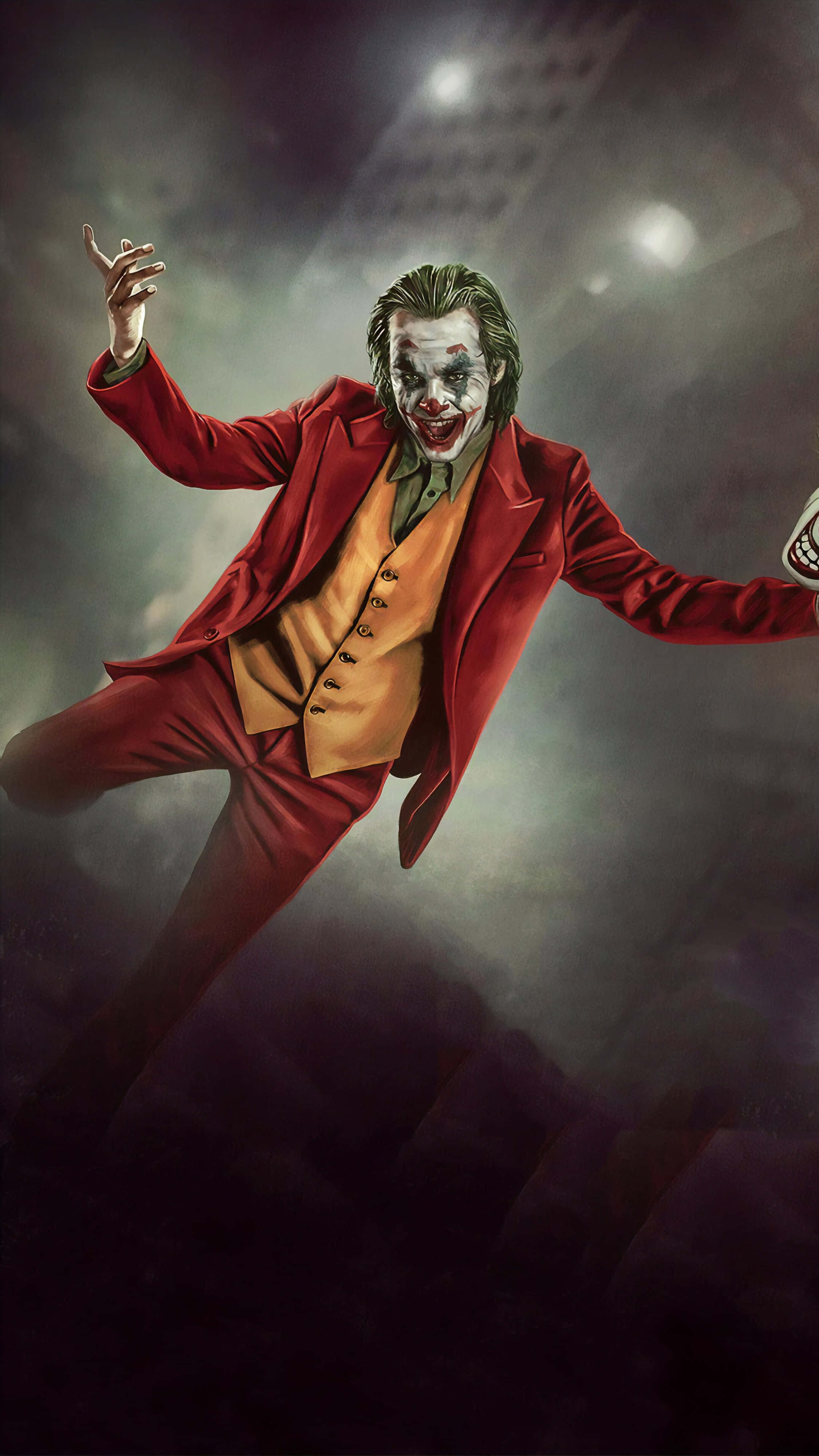 Joker 2019, red suit, smoky dark backdrop, 4K Phone Wallpaper