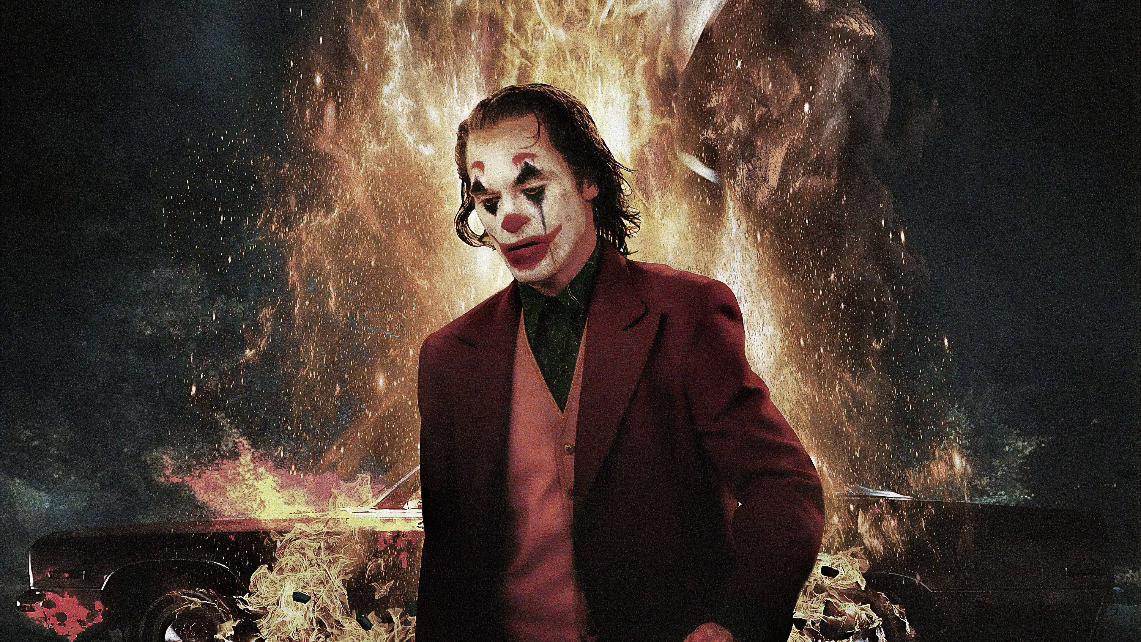 Joker 2019, red suit, fiery explosion, 4K Desktop Wallpaper