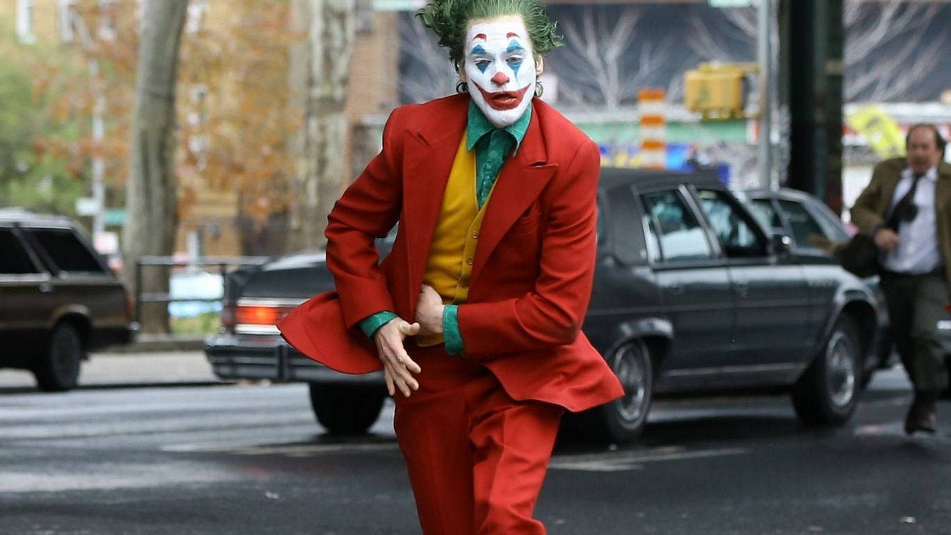 Joker 2019, red suit, clown makeup, Full HD Desktop Wallpaper