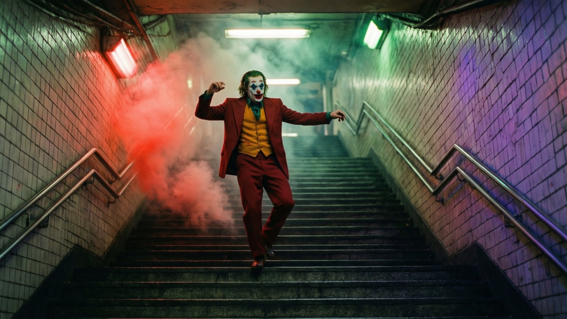 Joker 2019, red suit, clown makeup, Full HD Desktop Wallpaper
