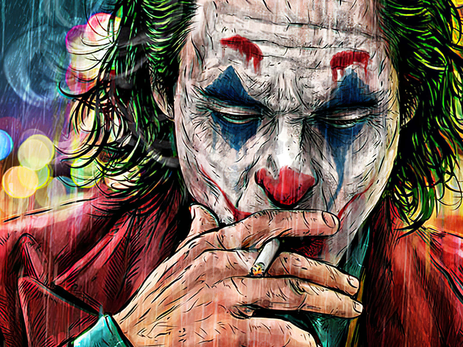 Joker, cigarette, neon cityscape, HD Desktop Wallpaper