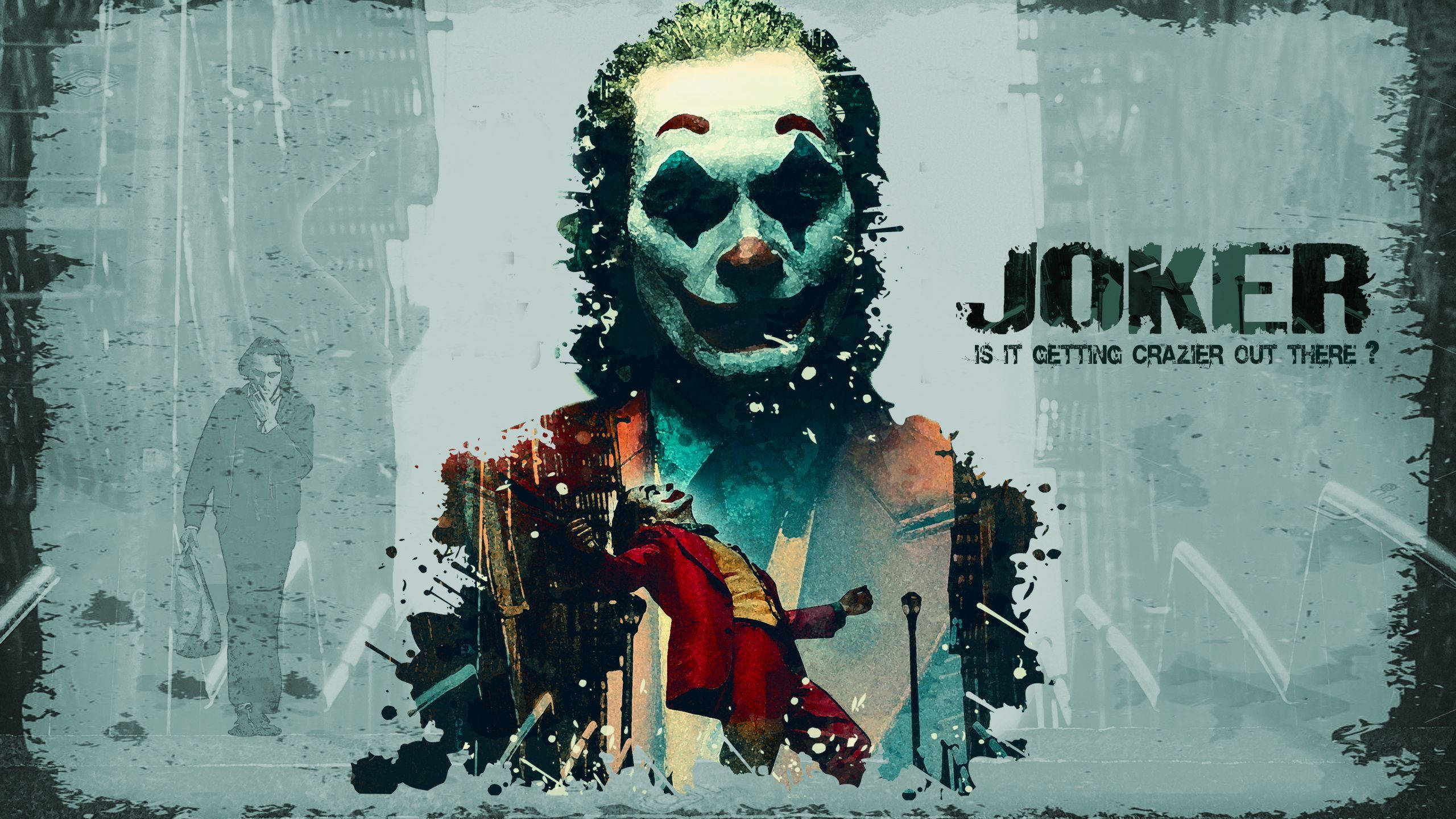 Joker 2019, red coat, smeared paint effects, 2K Desktop Wallpaper