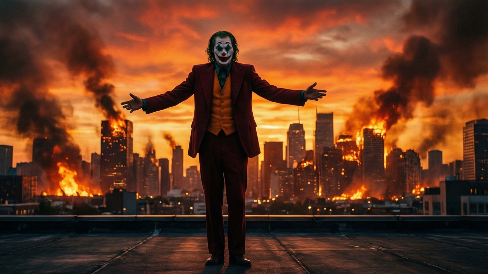 red suit, white face paint, rooftop, Full HD Desktop Wallpaper