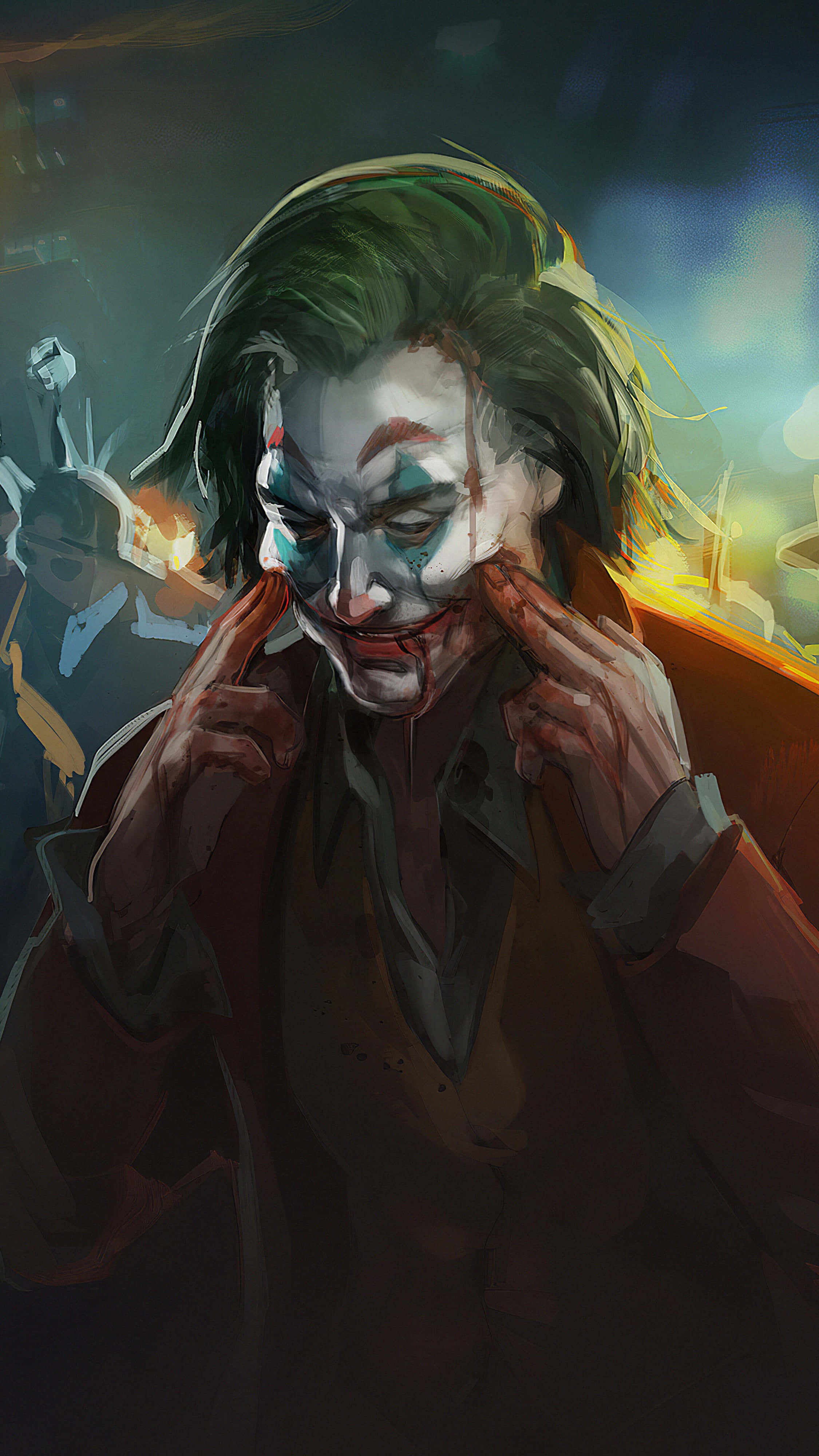 Joker, white face paint, green hair, 4K Phone Wallpaper