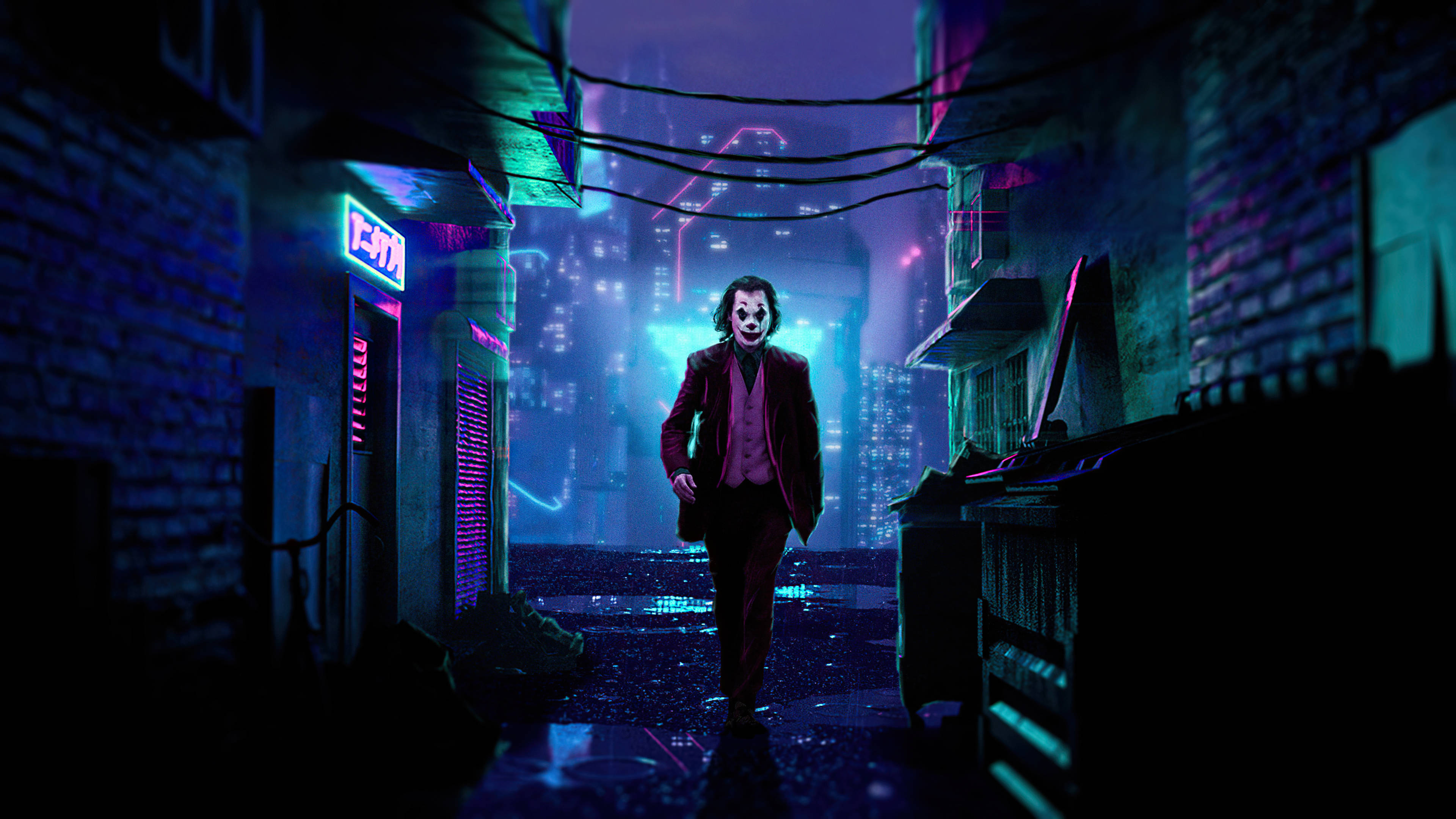 Joker, red suit, neon-drenched alleyway, 4K Desktop Wallpaper