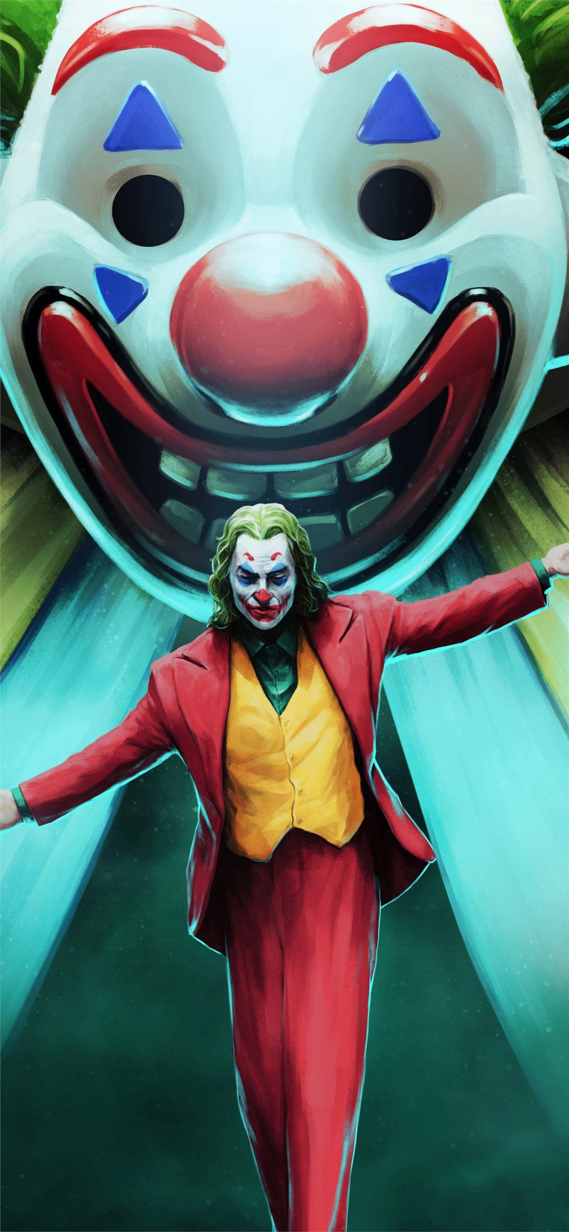 Joker 2019, red suit, giant clown mask, Full HD Phone Wallpaper